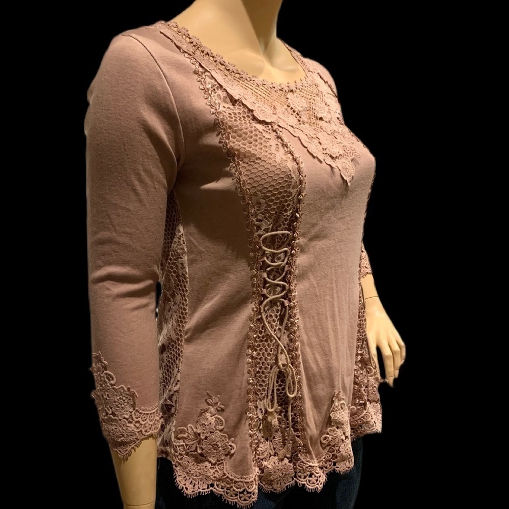 Renaissance Style Top Sz XL Festival Blush Nude Color Crocheted Long Sleeves NEW - Picture 6 of 14